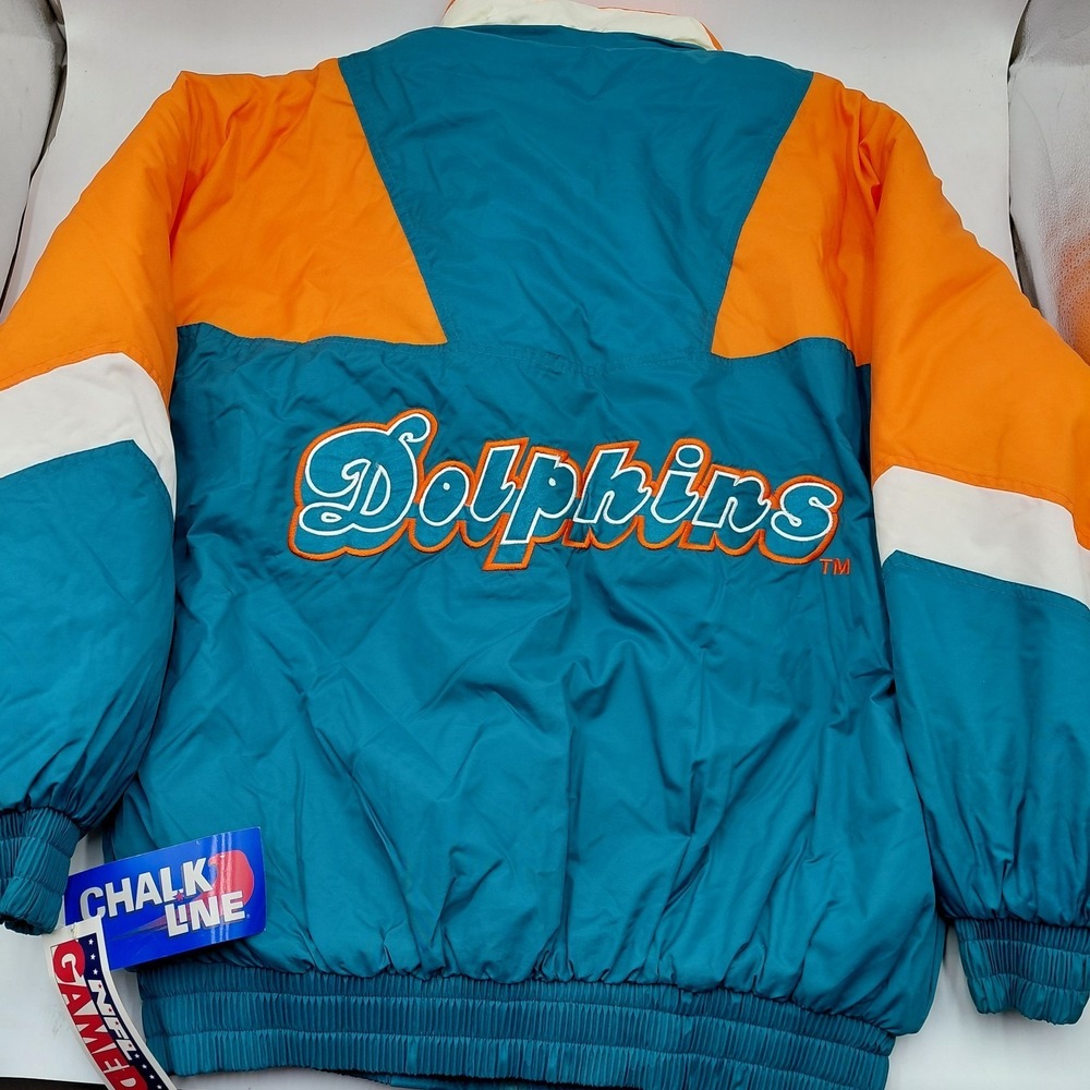 Vtg 90s Chalk Line Miami Dolphins NFL Puffer Hooded Jacket Mens L Embroidered